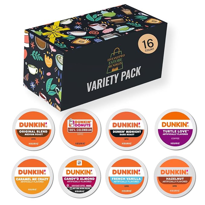 Dunkin K Pods Variety Pack – Original 100% Colombian Midnight Dark Roast Turtle Love Caramel Me Crazy Candy’d Almond French Vanilla Hazelnut – 16pcs 8 Flavors Coffee Gift Box Keurig Compatible