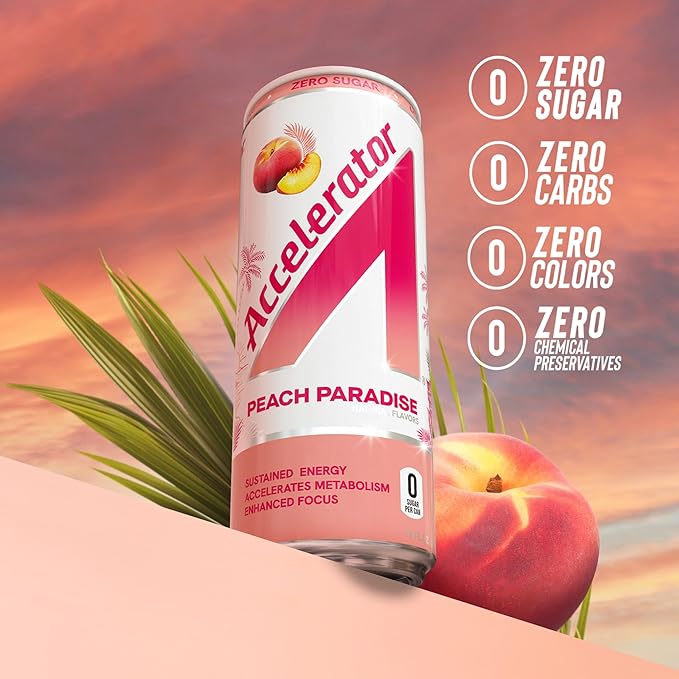 Accelerator Energy Drink Peach Paradise 12oz can (12 pack) Zero Sugar Sustained Energy from 100% Natural Caffeine (200mg from Green Coffee Bean &amp Green Tea extract)