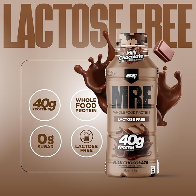 REDCON1 MRE Ready to Drink Protein Shake Milk Chocolate - Lactose Free RTD 40gr Protein Made with Real Whole Food Protein Blends - Easy to Digest Nutritional Shake (12 Pack)