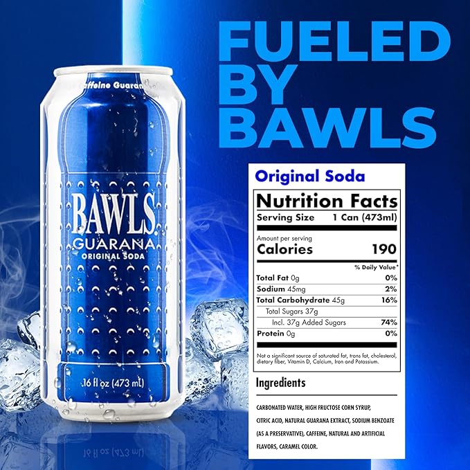 BAWLS Guarana Original Guarana Fueled Soda for Energy High Energy Caffeinated Drink - 16oz 12 Pack Cans