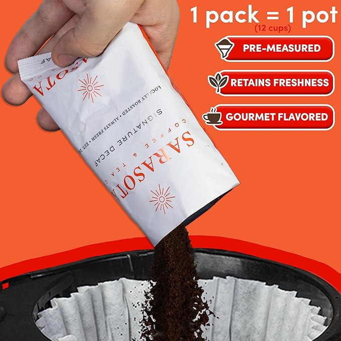 Coffee Packets – Decaf Medium-Dark Roast Ground Coffee Low Acid Mold Free 2 oz Packs for 12 Cup Brewers Pre-Measured Fractional Packs 12 Count Box – Sarasota