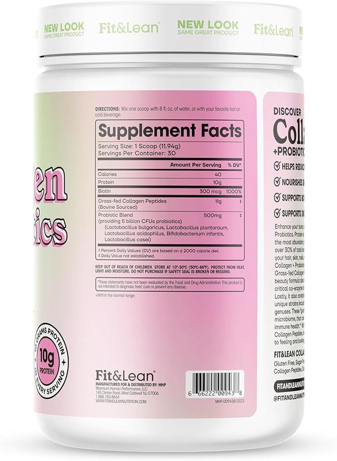 Fit &amp Lean Collagen + Probiotics- Grass-fed Collagen Peptide Powder Unflavored 12.64oz