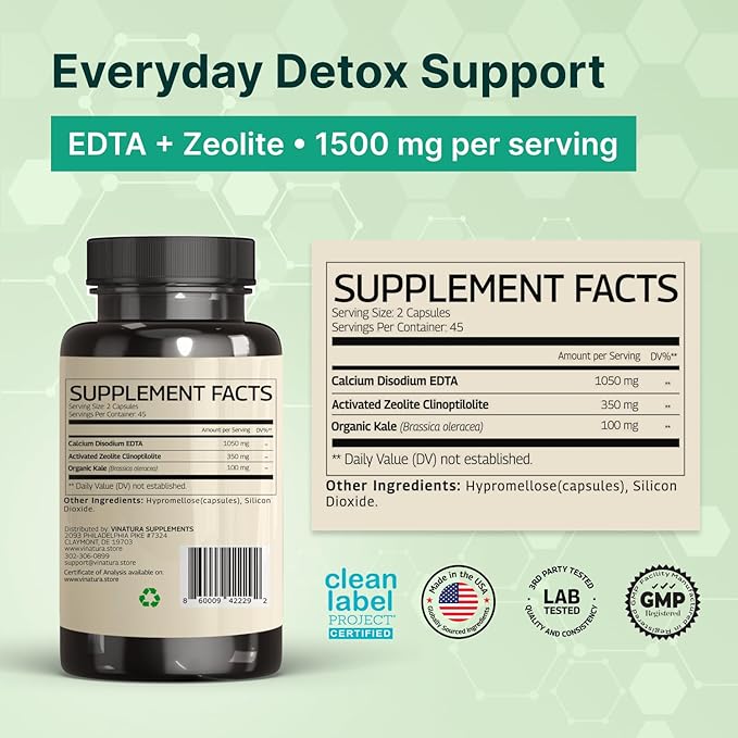 VINATURA EDTA Capsules - 1500mg per serv USA Made &amp Tested Liver Support - Edta Calcium Disodium Kale Extract - 90 Capsules 45 Servings