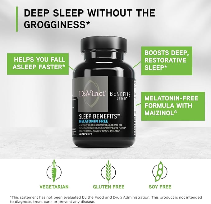 DAVINCI LABS Sleep Benefits - Melatonin-Free Sleep Support Supplement - Contains Maizinol Shoden Ashwagandha Suntheanine L-Theanine &amp More - Also Offers Stress Support - 60 Capsules.