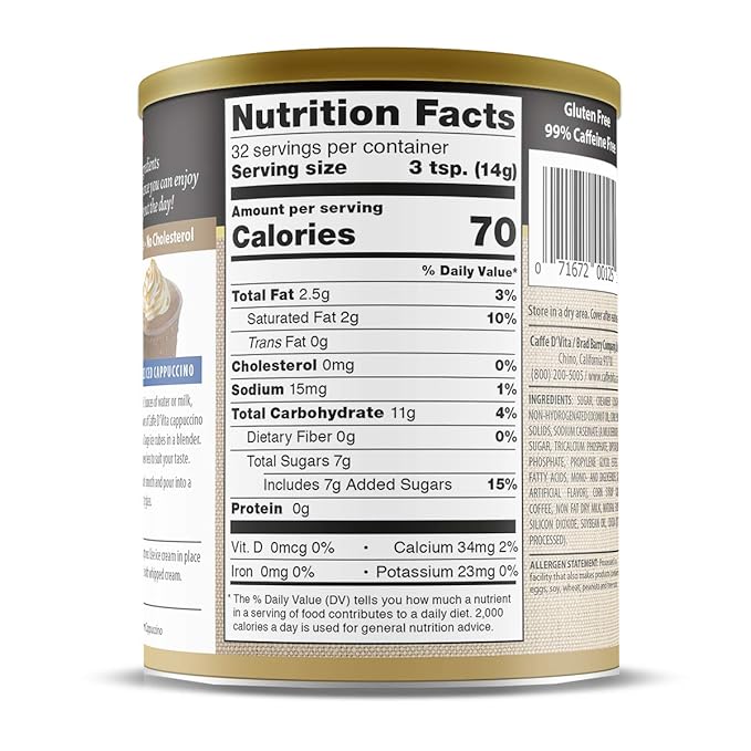 Caffe D'Vita White Chocolate Raspberry Cappuccino Mix - Instant Cappuccino Mix Gluten Free No Cholesterol No Hydrogenated Oils No Trans Fat 99% Caffeine Free White Chocolate Powder - 16 Oz Can