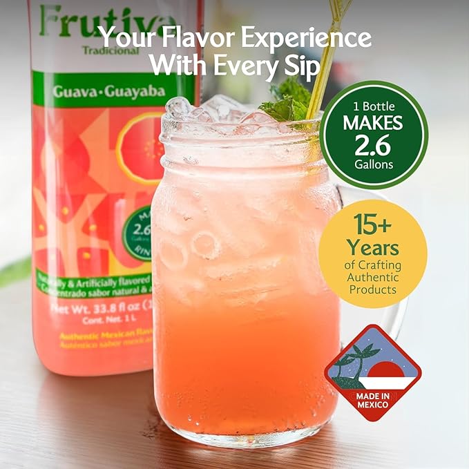 Frutiva Authentic Pink Guava Drink Mix | Made in Mexico with Cane Sugar | Aguas Frescas Concentrate Makes 2.6 Gallons Per Bottle | No High Fructose Corn Syrup | Perfect for Drinks Desserts &amp More