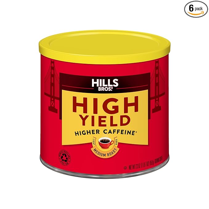 Hills Bros High Yield Ground Coffee Medium Roast 23 Oz. Can (Pack of 6) – Full-Bodied Rich Coffee Taste Balanced for Optimum Caffeine