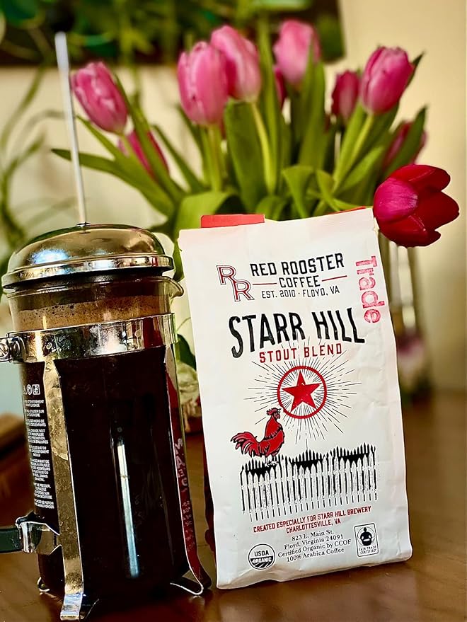 Red Rooster Coffee Organic Starr Hill Stout Coffee – Medium-Dark Roast Whole Bean – Notes of Dark Chocolate Praline &amp Citrus – 12oz – USDA Organic Fair Trade