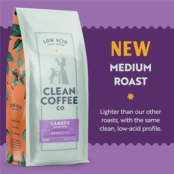 Clean Coffee Co. - Low Acid Medium Roast Tested for Molds and Toxins Costa Rica Blend Notes of Milk Chocolate Roasted Nuts Toasted Malt (Ground 12 oz Bag)