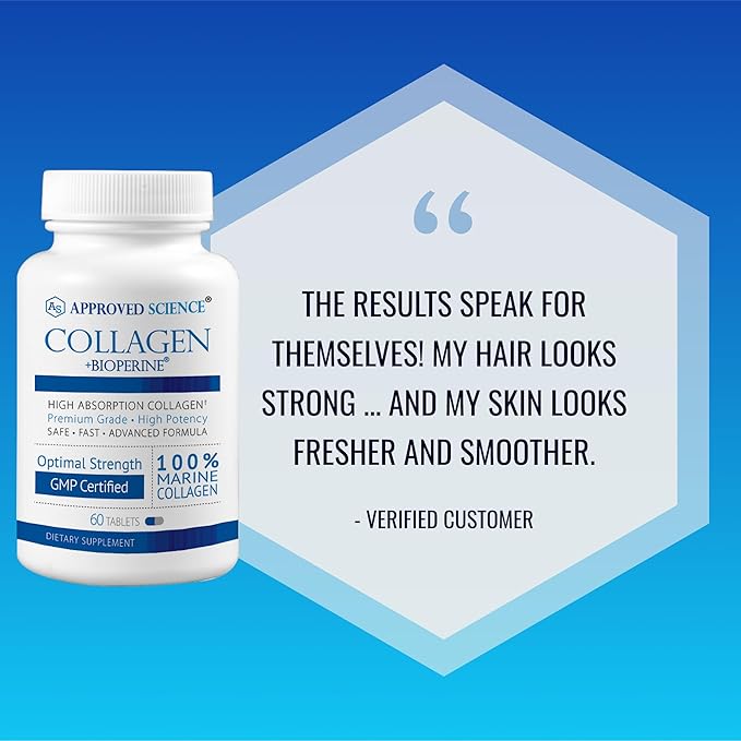 Approved Science Collagen Pills - Absorbable Marine Collagen Types I and III - 360 Tablets - Healthy Hair and Skin - Vitamin C Sodium and Bioperine for Fast Results - Non-GMO Made in USA