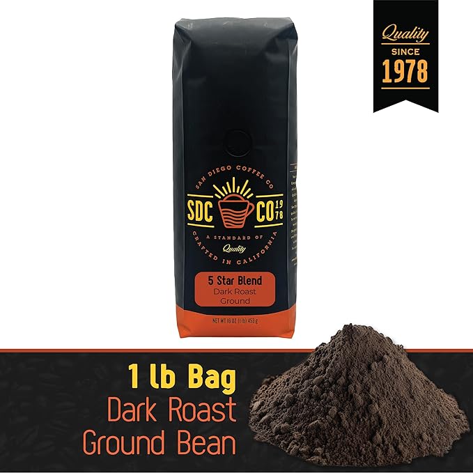 San Diego Coffee 5 Star Blend Dark Roast Ground Coffee 16-Ounce Bag Café molido tostado