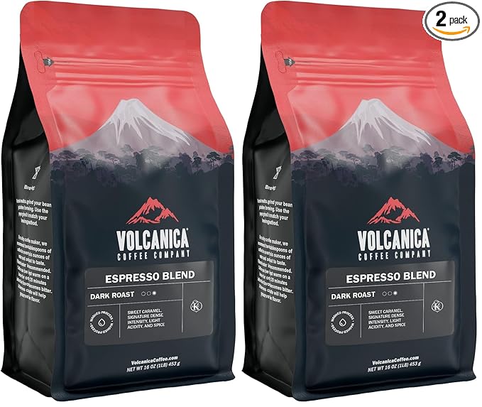 Volcanica Espresso Whole Beans Coffee Dark Roast 100% Arabica Espresso Roast Bold Sweet Flavor Fresh Roasted Kosher Vegan Gluten-Free 16 oz (Pack of 2)