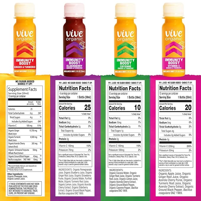 Vive Organic Immunity Boost Shot Sampler Pack | Immunity Boost Original | Immunity Boost Cayenne | Immunity Boost Elderberry | Immunity Boost Vitamin C (2oz shots pack of 8)
