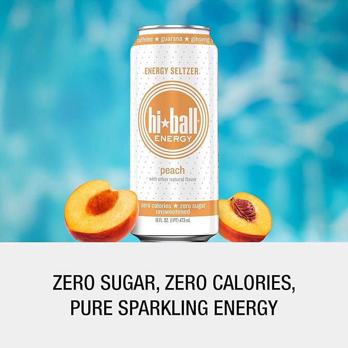 Hiball Clean Energy Seltzer Water Caffeinated Sparkling Water Made with Vitamin B12 and Vitamin B6 Sugar Free (8 pack of 16 Fl Oz) Peach