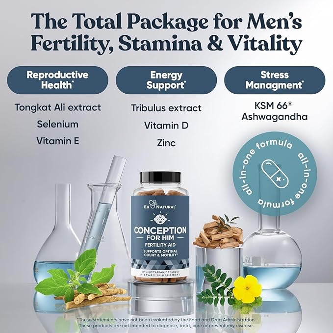 Eu Natural Conception for Him - Male Fertility Supplements with Ashwagandha Folate &amp Zinc - Sperm Count Motility &amp Strength Support - Fertility Support for Men 120 Vegetarian Capsules
