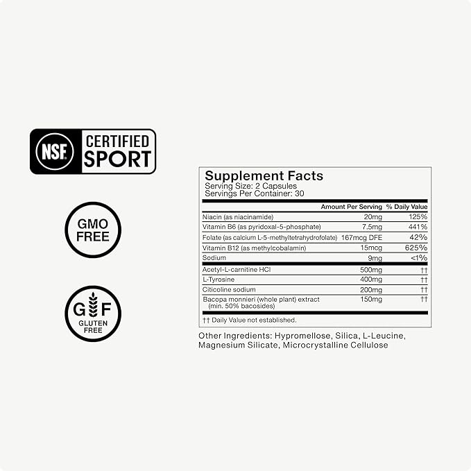 Momentous Brain Drive Nootropic Supplement - Brain Supplement for Memory &amp Focus Support - NSF Certified for Sport - GMO- &amp Gluten-Free - 30 Servings