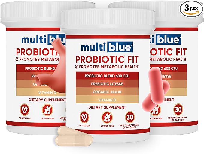 MultiBlue Probiotic Fit – Supports Natural GLP-1 &amp Appetite Control for Women &amp Men Bifidobacterium B-420 Digestive &amp Gut Health 10 Probiotic Strains 60 Billion CFU Prebiotic + Vitami