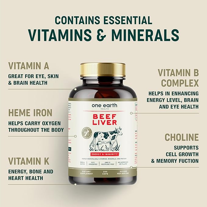 One Earth Health Beef Liver Capsules. 100% Grass Fed New Zealand Beef Liver. Pasture Raised. GMO and Filler Free. 200 Capsules (3000mg Serving)