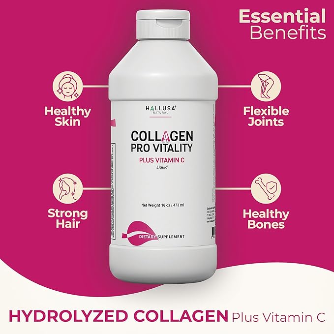 Hallusa Natural COLAGENO LIQUIDO HIDROLIZADO MAS VITAMINAS C | Collagen Pro Vitality Plus Vitamin C | Liquid Hydrolyzed Collagen 16oz with Vitamin C | Healthy Hair Skin Nails Bone &amp Joint Suppo