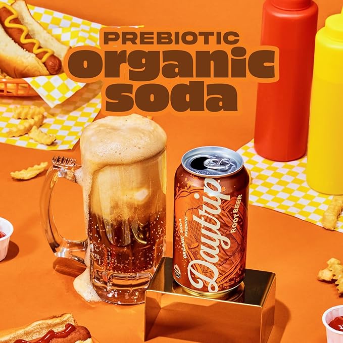 Daytrip Organic Prebiotic Soda – Low Sugar Sparkling Drink for Gut Health &amp Digestion Plant-Based Fiber Beverage Variety Pack 12 Cans – with Caffeine