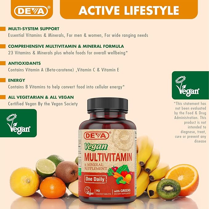 DEVA Vegan Multivitamin &amp Mineral Supplement with Iron 2-Pack Spirulina Chlorella Ashwagandha Broccoli &amp More 90 Coated Tablets Each