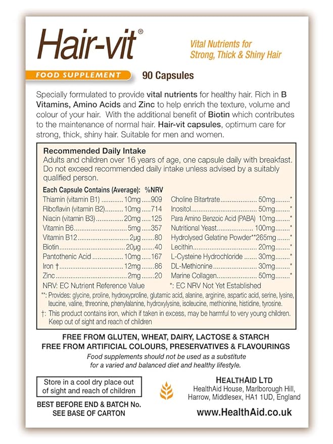 Hair VIT Hair Growth Supplement – 90 Capsules Once Daily Formula with B-Complex Vitamins Biotin Amino Acids &amp Nutrients for Healthy Strong Fuller-Looking Hair in Men &amp Women