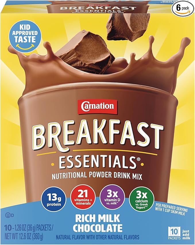 Carnation Breakfast Essentials Powder Drink Mix Rich Milk Chocolate 10 Count Box of 1.26 Ounce Packets (Pack of 6)