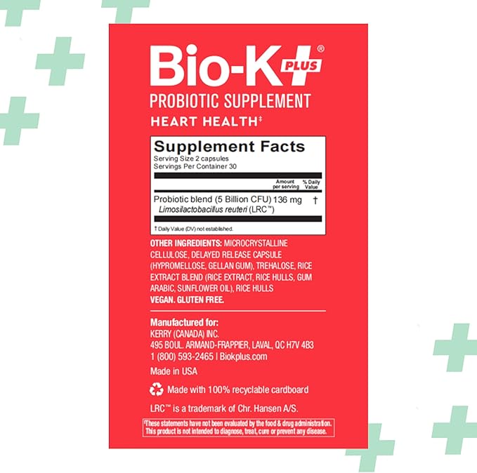 Bio-K+ Probiotics for Heart Health with Limosilactobacillus reuteri LRC – Heart Health Probiotic for Cholesterol &amp Cardiovascular Support 5 Billion CFU Vegan Shelf-Stable – 60 Capsules