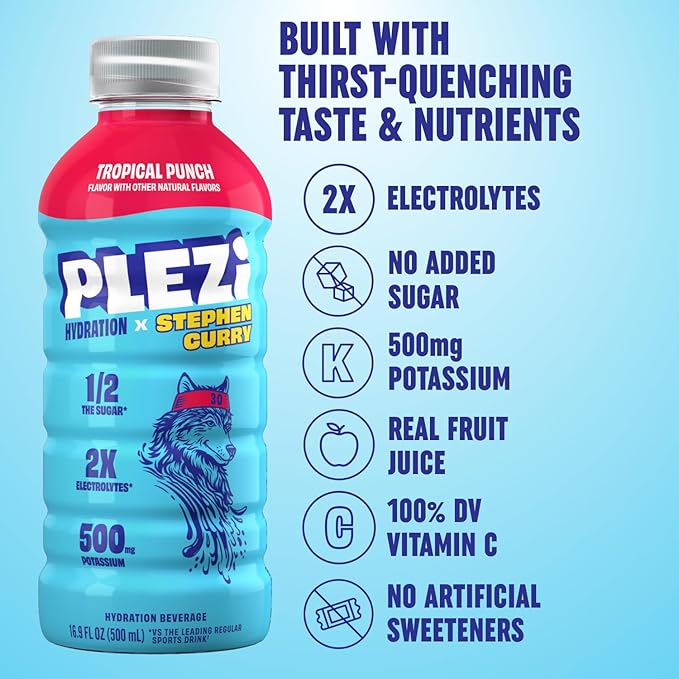 PLEZi FiZZ Cherry Limeade &amp Tropical Punch Hydration Drink Bundle – Sparkling Juice &amp Electrolyte Beverage with Real Fruit Juice No Added Sugar Low Sugar – 12 Fl Oz + 16.9 Fl Oz (24 Pack Tot