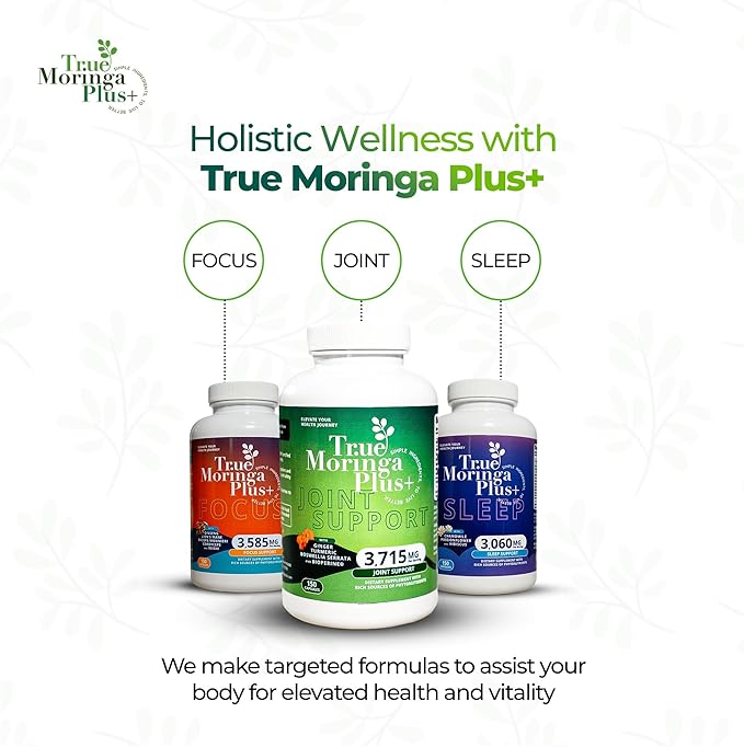 True Moringa Plus+ Sleep Support Supplement 10:1 Extract | 20000mg of Organic Moringa Chamomile Passion Flower Valerian Root Hibiscus for Relaxation | Natural Sleep Aid for Adults (150 Capsules)