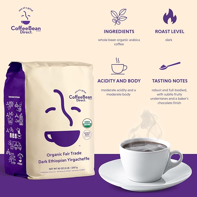 Coffee Bean Direct Organic Fair Trade Dark Ethiopian Yirgacheffe Whole Bean Coffee Arabica Coffee Dark Roast 5 Pound Bag (Pack of 1)