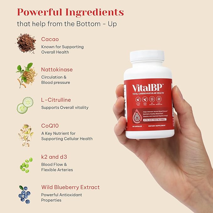 Vital BP - Support for Normal Blood Pressure - Supports Blood Flow &amp Arteries - with CoQ10 L-Citrulline and K2 &amp D3-60 Capsules