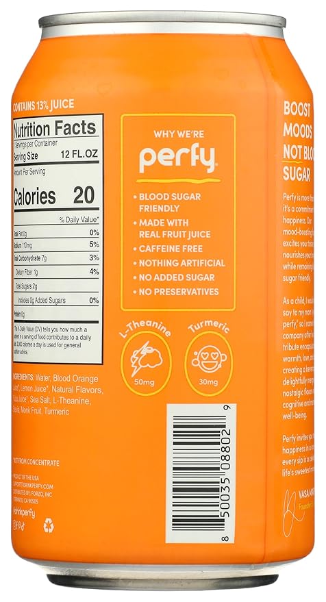 PERFY Soda Superfood Nootropic Soft Drink | All Natural Soft Drink Made With Real Fruit Juice L-theanine &amp turmeric | Low Sugar Low Carb Gluten Free Caffeine Free Keto Soda | 12 Pack (Blood O