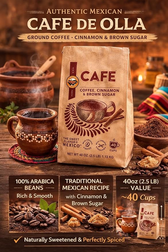 Mexican Cafe Ground Coffee - Cinnamon Brown Sugar Arabica Blend Pre-Sweetened 40oz (40 Cups) Hot/Iced