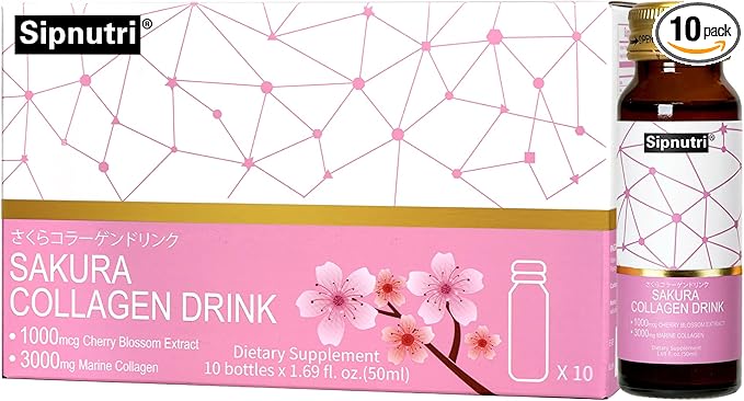 Sakura Collagen Drink - 3000mg Marine Peptides Liquid Shot for Women and Men Hydrolyzed with Cherry Blossom &amp Mangosteen Extract Supports Skin Hydration Hair &amp Nail Health – 1.69 fl oz x10