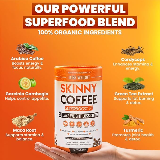 Skinny Coffee Super Boost Weight Loss Coffee Belly Fat Burner for Women &amp Men Sugar-Free Keto Vegan Reduces Bloating Supports Energy &amp Metabolism Appetite &amp Cravings Control (30 Servi