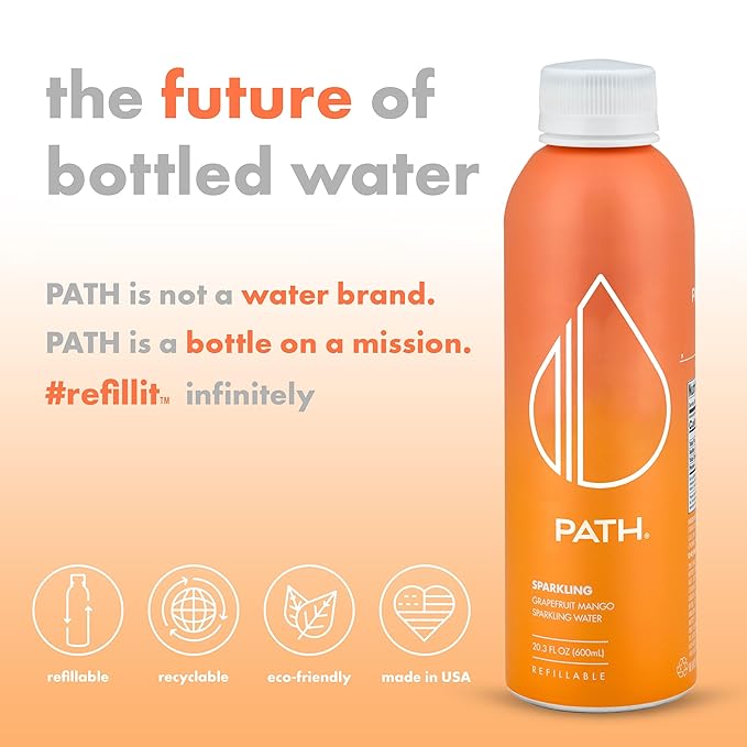 PATH Grapefruit Mango Flavored Sparkling Water - Ultra-Purified pH-Balanced Carbonated Soda in Aluminum Water Bottle - BPA Free Light Reusable Infinitely Recyclable 20.3 fl oz (Pack of 4)