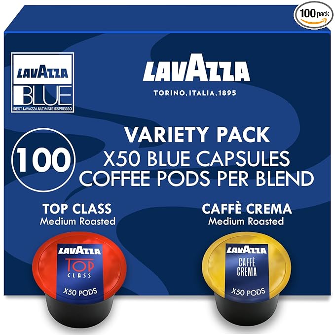 Lavazza Blue Coffee Capsules Variety Pack – 100 Count (50 Pods Each) – Includes Top Class &amp Caffè Crema Blends – Compatible with Lavazza LB Espresso Machines Only – Premium Italian Coffee
