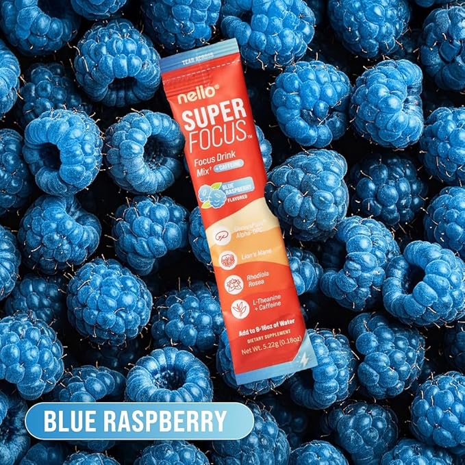 Nello Superfocus – Nootropic Focus Drink Mix for Productivity Caffeine L-Theanine Rhodiola Rosea Alpha-GPC Lion’s Mane Tyrosine Sugar-Free Packets - Blue Raspberry with Caffeine (Pack of 20)