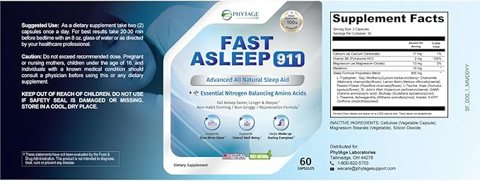 Fast Asleep 911 – Nighttime Routine Supplement with Melatonin &amp Goji Berries – Plant-Based Non-Habit Forming Formula – 60 Capsules