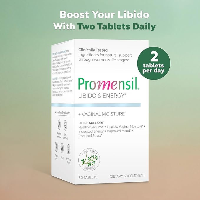 Promensil Libido &amp Energy - Libido Booster for Women Sexual Health Support for Women with Low Estrogen Fenugreek Horny Goat Weed &amp Vitamins for Menopause Clinically Proven - 30 Day Supply