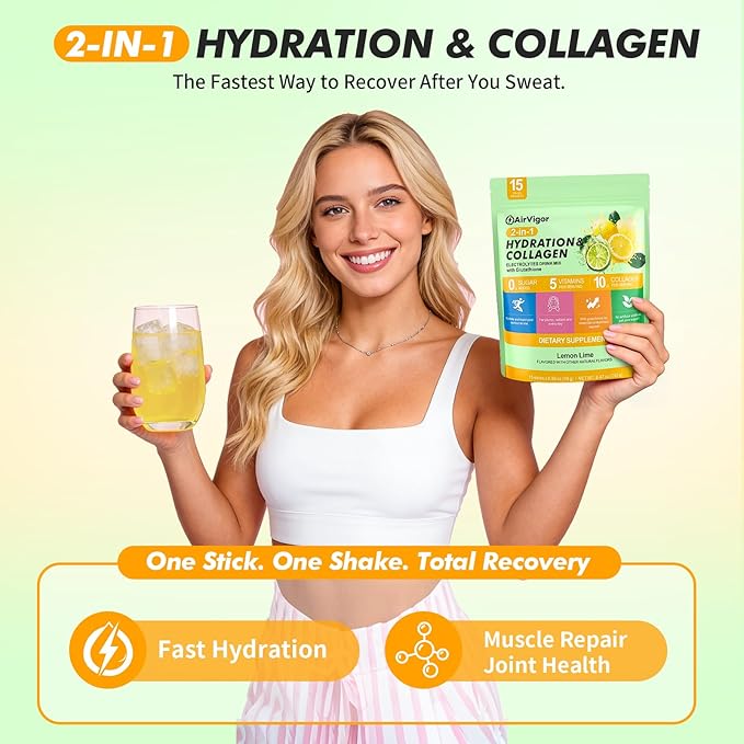 Electrolyte Collagen Powder Packets 10g Collagen Protein Drink Mix for Hydration Recovery Zero Sugar 2-in-1 Post Workout Rehydration Joint Skin Muscle Support 5 Vitamins Lemon Lime