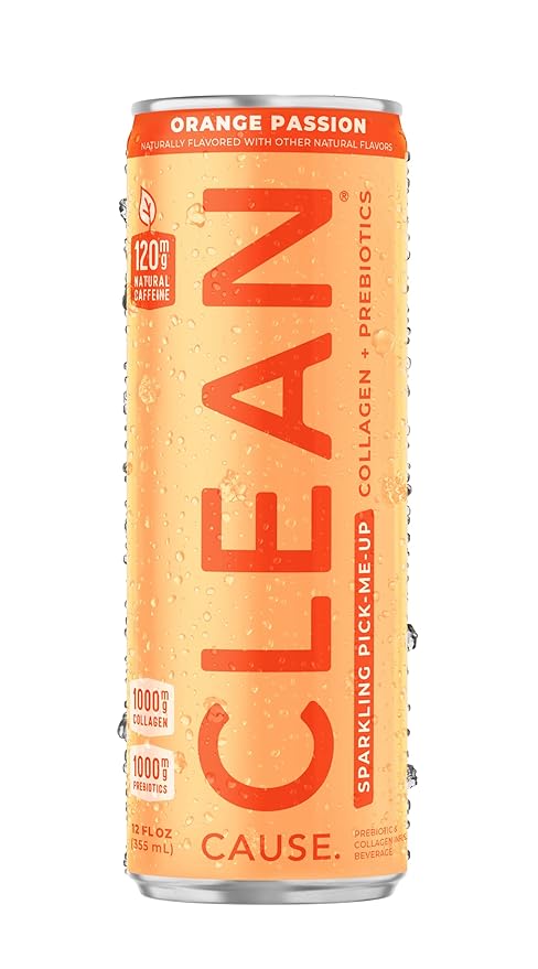 CLEAN Cause Orange Passion Sparkling Pick-Me-Up with Prebiotics &amp Collagen Peptides (12oz cans 12-Pack Case) Low Sugar 120mg Caffeine Healthy Alternative to Soda &amp Energy Drinks.