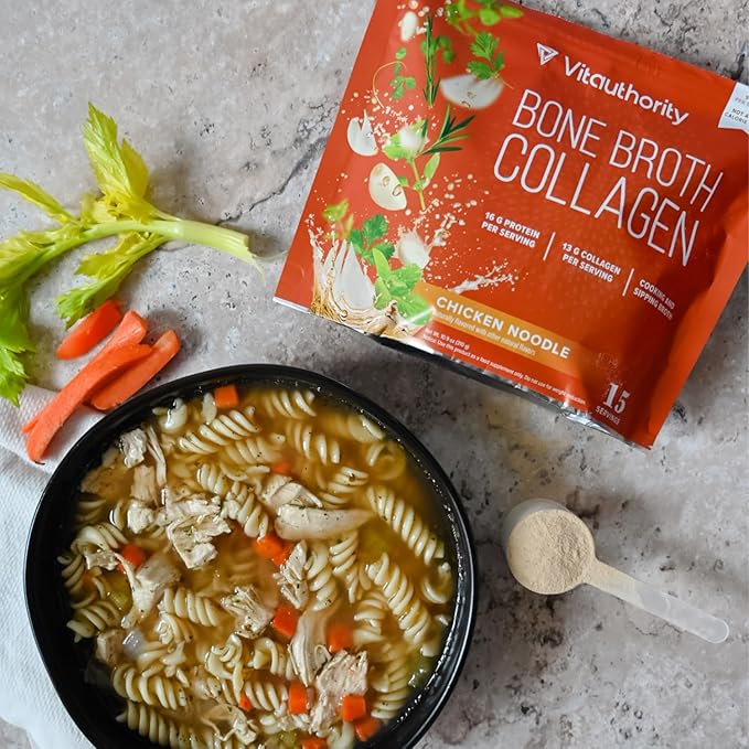 Vitauthority Multi Collagen Burn Capsules: Hydrolyzed Protein Peptides with Hyaluronic Acid and Bone Broth Collagen Delicious Chicken Noodle Flavored - Packed with 16g of Protein
