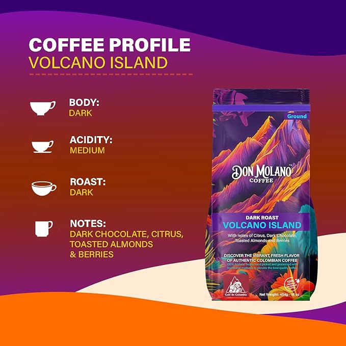 Don Molano Coffee Volcano Island Dark Roast 16oz - Premium Colombian Coffee Halal Certified - Rich bold and full bodied with a deep velvety smoothness and smokey sweetness with notes of Toasted Alm