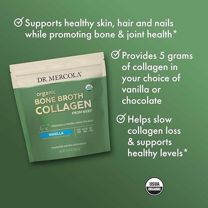 Dr. Mercola Organic Bone Broth Collagen Powder - Supports Bone Health &amp Muscle Growth - USDA Organic Non-GMO Gluten-Free &amp Dairy-Free - 30 Servings - Vanilla Flavor