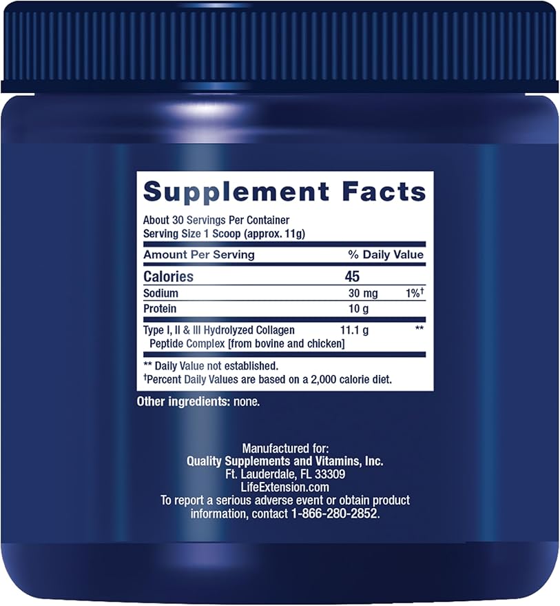 Life Extension Collagen Peptides for Skin &amp Joints Collagen Types I II &amp III in an Easy-Mix Powder Gluten Free Non-GMO net Weight 343 Grams