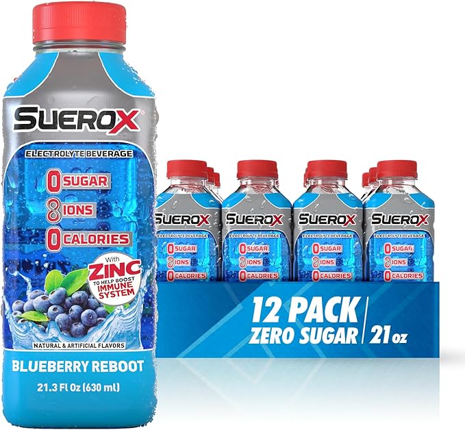 SueroX Sugar Free Sports Drink for Hydration and Recovery Electrolyte Hydration Drink with 8 Ions Zero Calorie Sports Drinks Blueberry Reboot 21.3 Fl Oz 12 Count