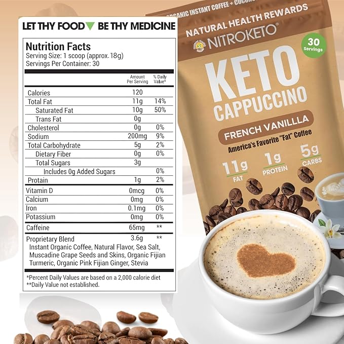Keto Cappuccino - French Vanilla Coconut Cream - Keto Instant Coffee Mix with MCT Oil - Low Carb/High Fat Organic Coffee Supports Ketosis - Energy - No Sugar - Made in USA – 28 Servings
