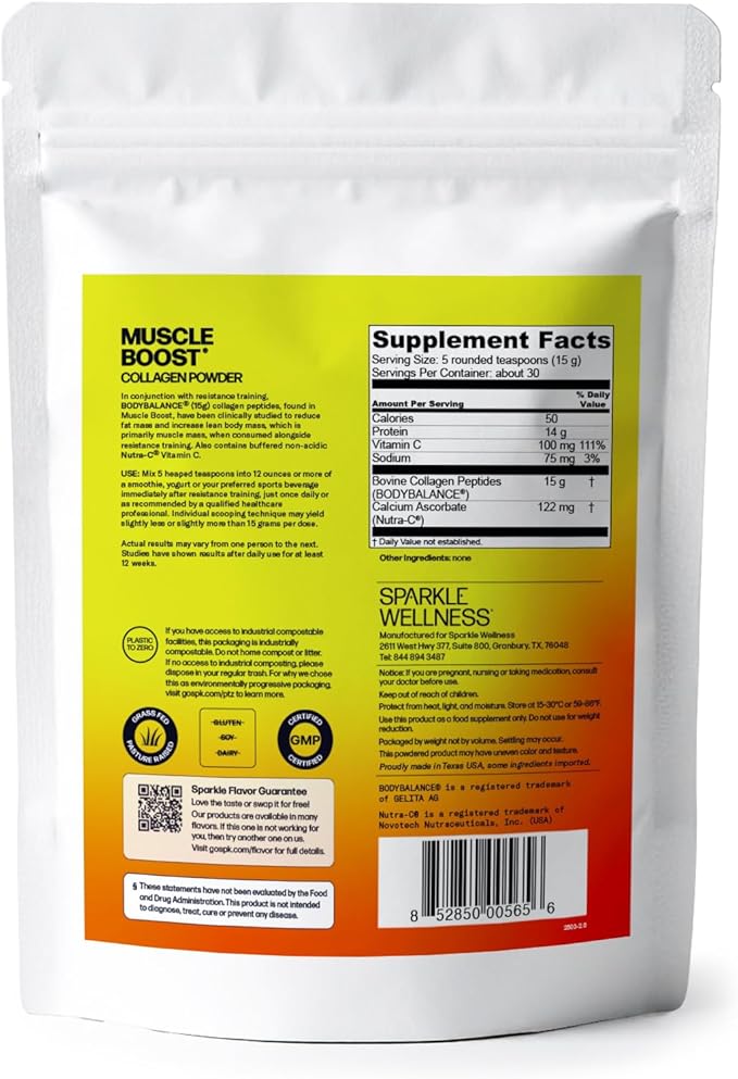 Sparkle Wellness Muscle Boost (No Flavor) [30-Serves] | Collagen Supplement Powder with Hydrolyzed BODYBALANCE Collagen Peptides &amp Buffered Vitamin C | Improves Body Composition
